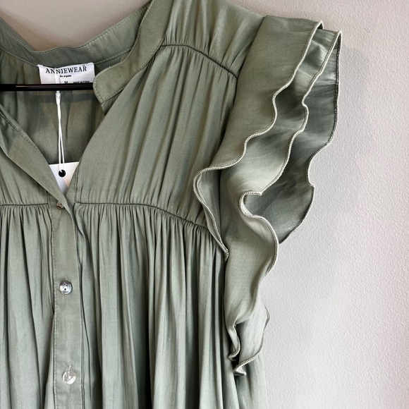 Annie Wear Olive Green Button Down Ruffle Sleeve Blouse Top - Picture 5 of 10